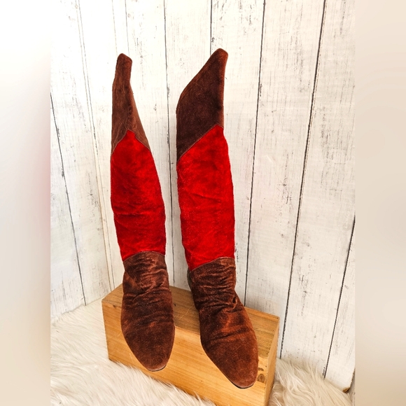 Vintage RARE Passports Suede Patchwork Knee High Low Heel Boots Red Tan Brown - Picture 15 of 15